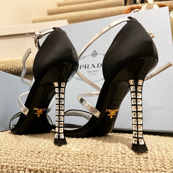 Prada Black Silver Satin Leather Diamond Jeweled CrissCross Ankle Strap Sandals - Picture 7 of 12